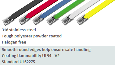 Colour Coated Stainless Cable Ties UL62275 Flammability UL94-V2